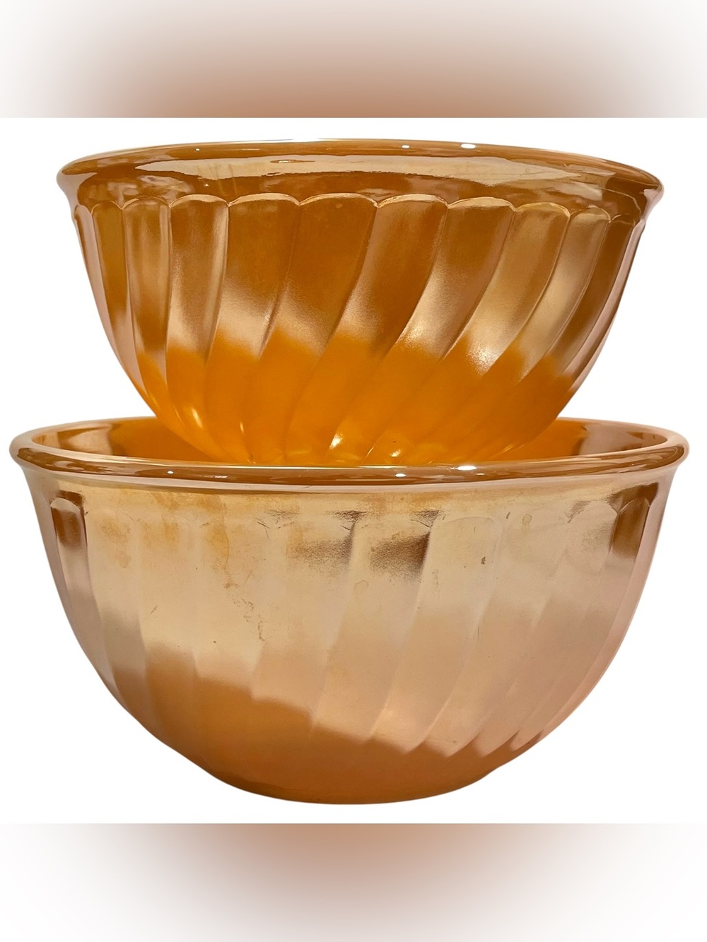 Vintage 1950s Fire King Peach Luster Swirl Mixing Bowls Set (2) Made in USA